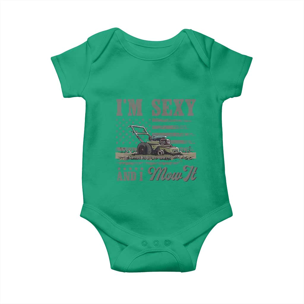 Funny I Am Sexy And I Mow It Baby Onesie Gardening Lawn Mower American Flag Fathers Day - Wonder Print Shop