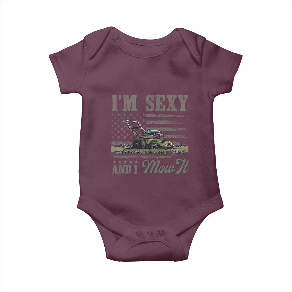 Funny I Am Sexy And I Mow It Baby Onesie Gardening Lawn Mower American Flag Fathers Day - Wonder Print Shop