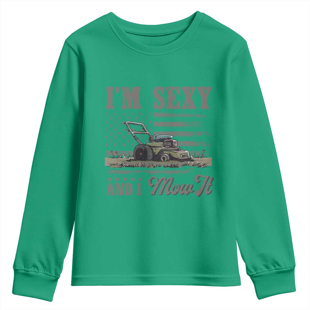 Funny I Am Sexy And I Mow It Youth Sweatshirt Gardening Lawn Mower American Flag Fathers Day - Wonder Print Shop