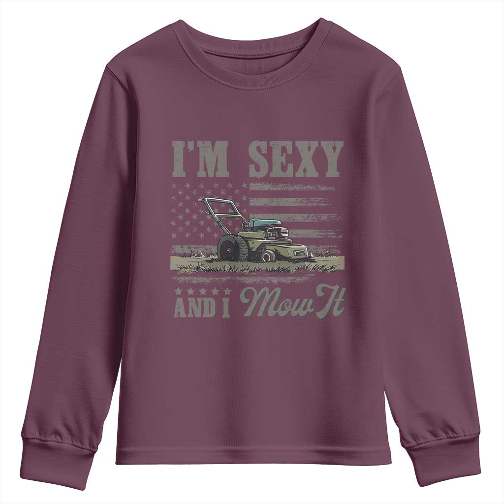 Funny I Am Sexy And I Mow It Youth Sweatshirt Gardening Lawn Mower American Flag Fathers Day - Wonder Print Shop