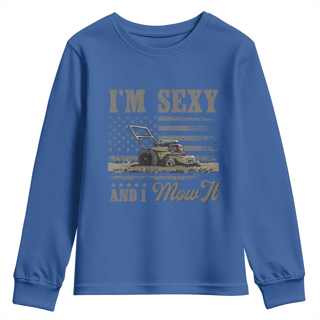 Funny I Am Sexy And I Mow It Youth Sweatshirt Gardening Lawn Mower American Flag Fathers Day - Wonder Print Shop
