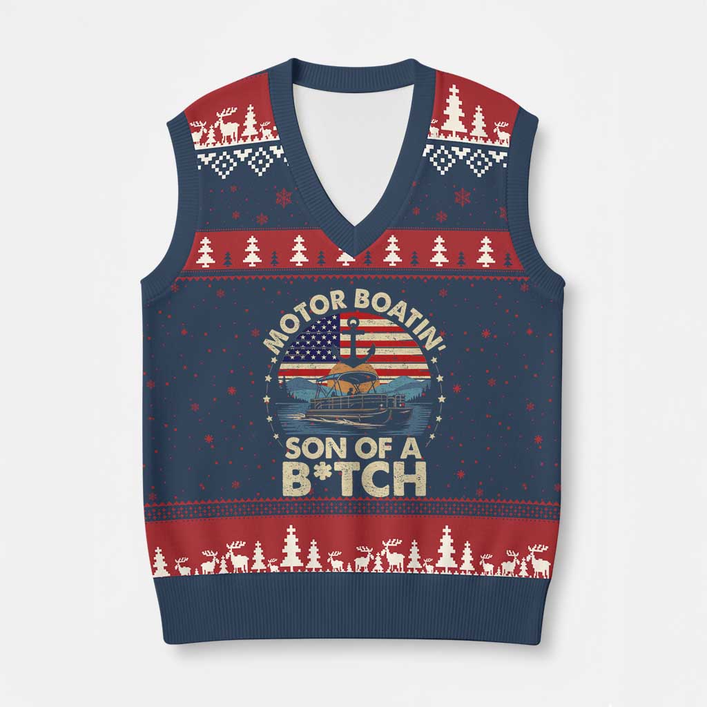 Funny Motor Boat Captain V-Neck Knit Sweater Vest Motor Boatin' Son Of A Bitch American Flag - Wonder Print Shop