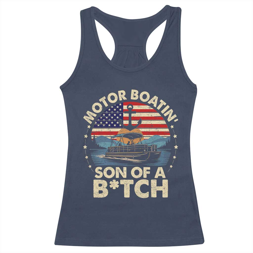 Funny Motor Boat Captain Racerback Tank Top Motor Boatin' Son Of A Bitch American Flag - Wonder Print Shop
