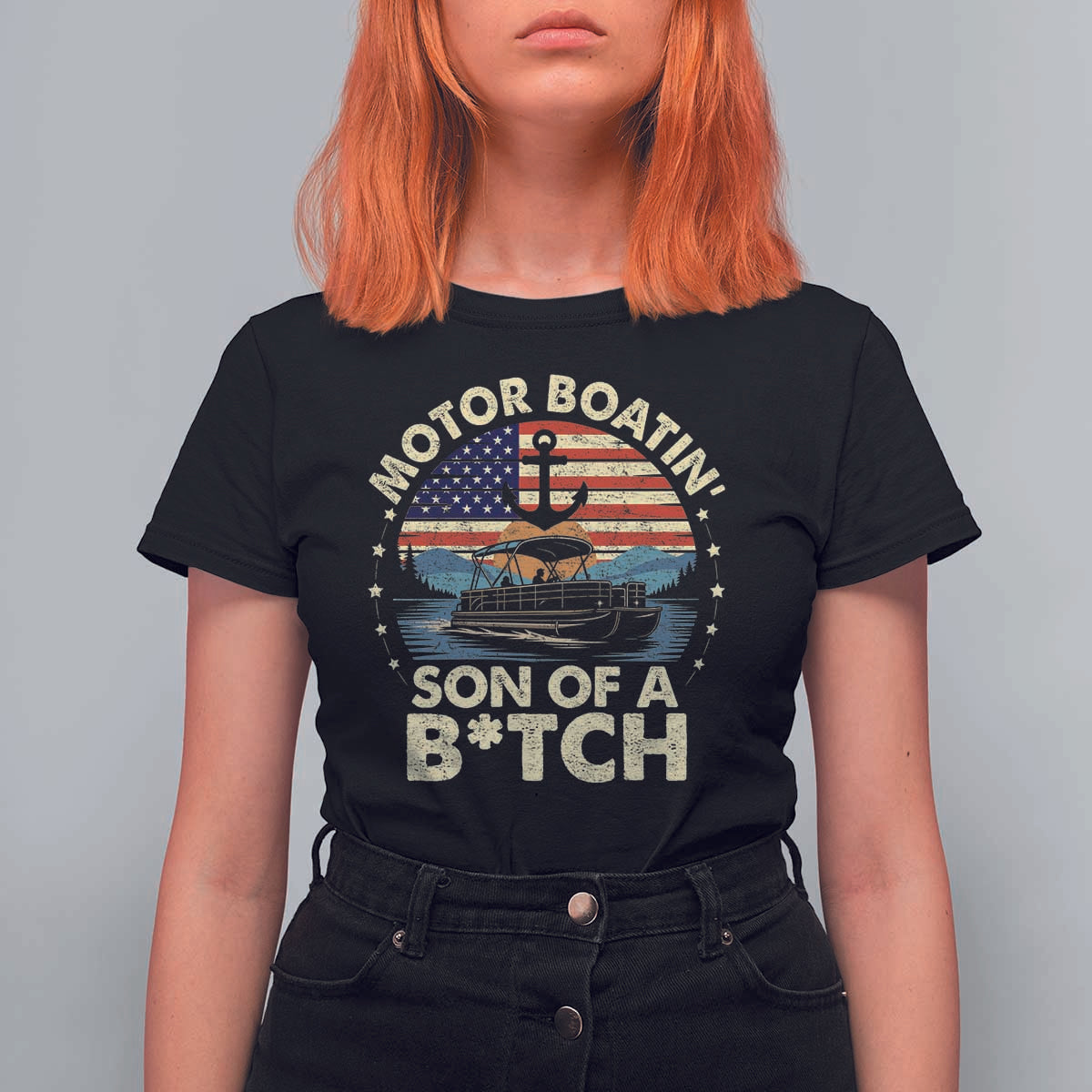 Funny Motor Boat Captain T Shirt For Women Motor Boatin' Son Of A Bitch American Flag - Wonder Print Shop