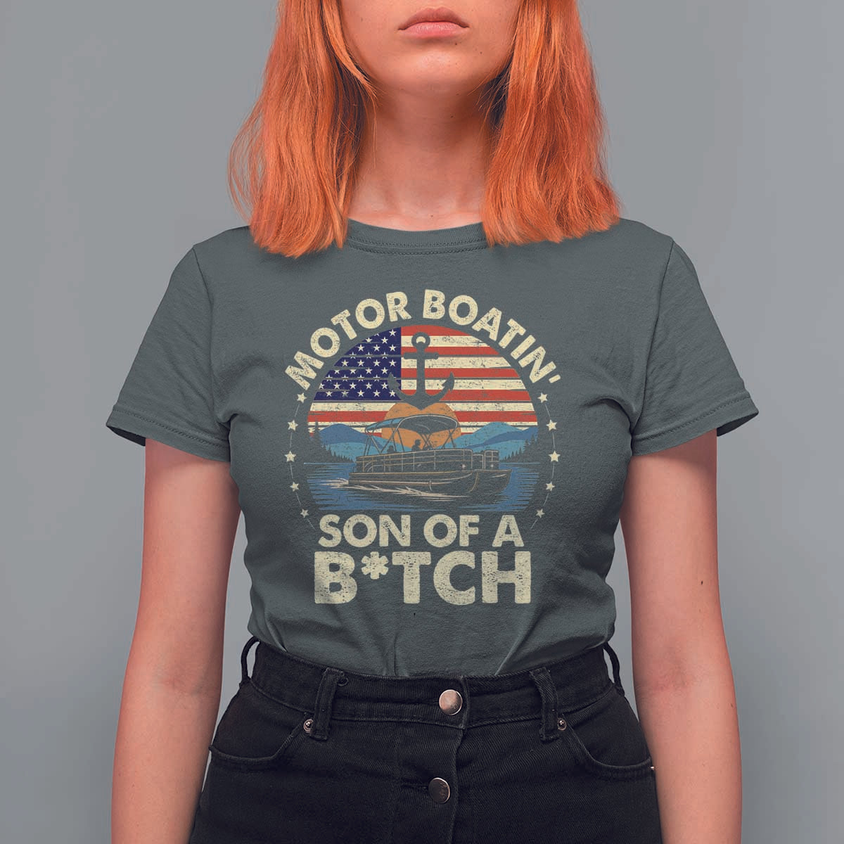 Funny Motor Boat Captain T Shirt For Women Motor Boatin' Son Of A Bitch American Flag - Wonder Print Shop