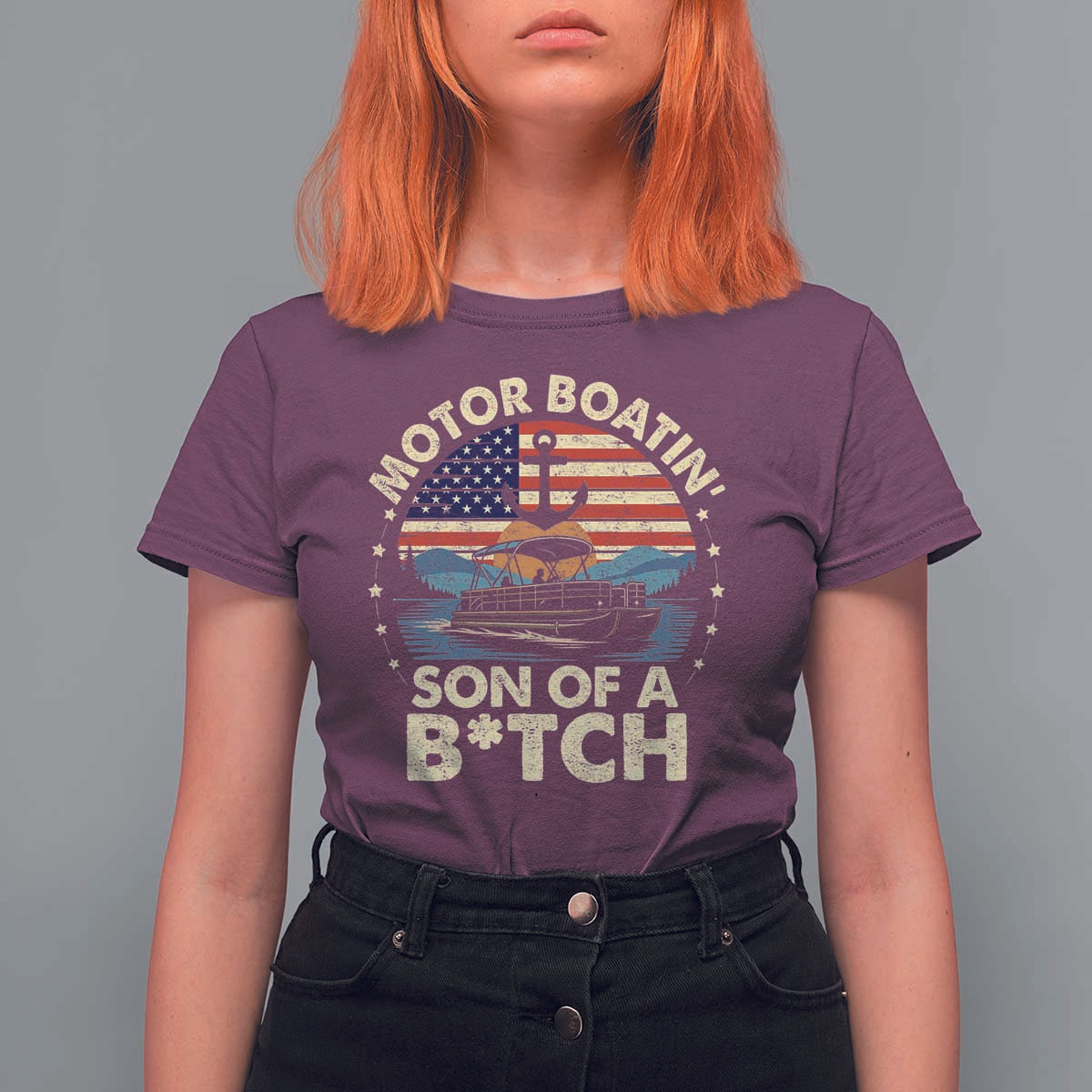 Funny Motor Boat Captain T Shirt For Women Motor Boatin' Son Of A Bitch American Flag - Wonder Print Shop