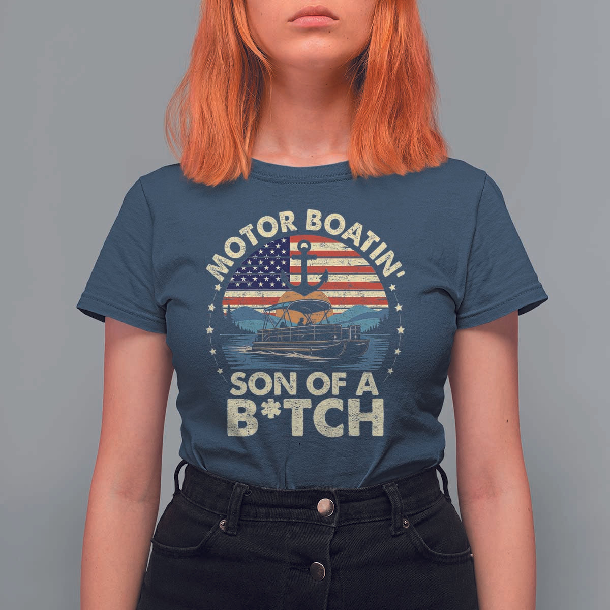 Funny Motor Boat Captain T Shirt For Women Motor Boatin' Son Of A Bitch American Flag - Wonder Print Shop