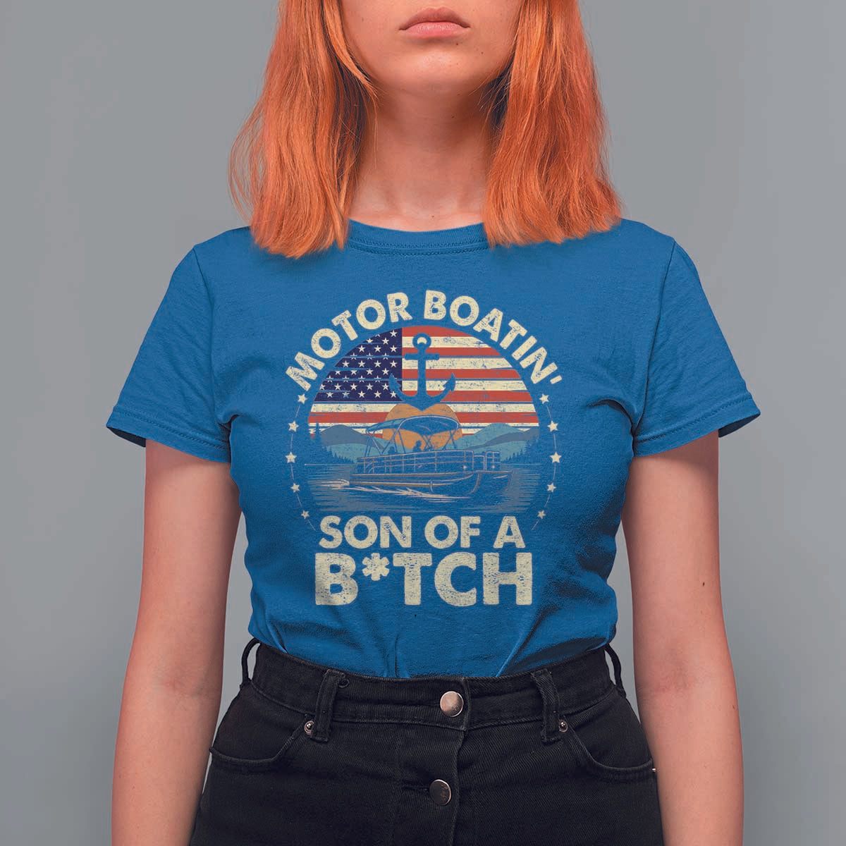 Funny Motor Boat Captain T Shirt For Women Motor Boatin' Son Of A Bitch American Flag - Wonder Print Shop