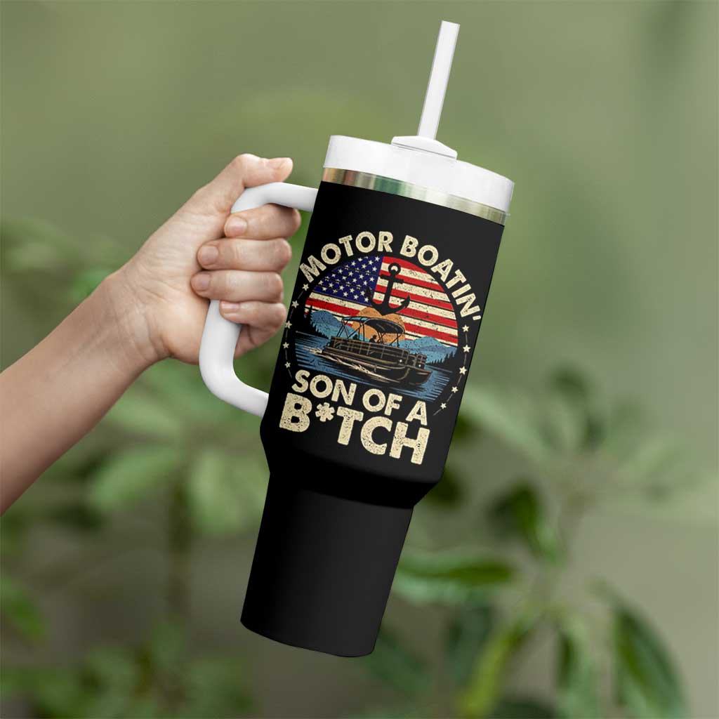 Funny Motor Boat Captain Tumbler With Handle Motor Boatin' Son Of A Bitch American Flag - Wonder Print Shop