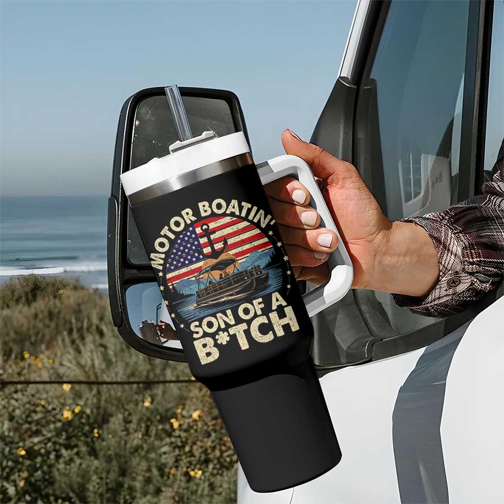 Funny Motor Boat Captain Tumbler With Handle Motor Boatin' Son Of A Bitch American Flag - Wonder Print Shop