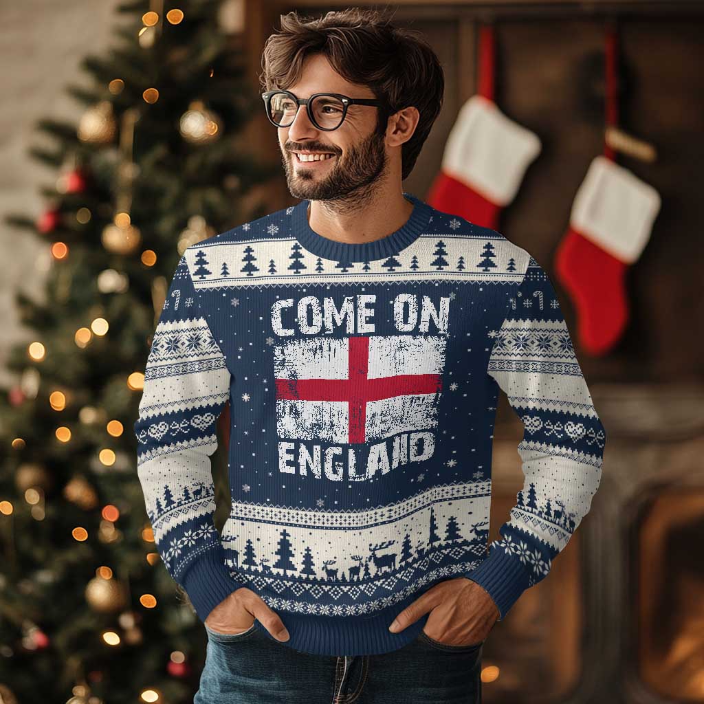 Come On England Ugly Christmas Sweater Vintage St George Cross Flag Football Fan