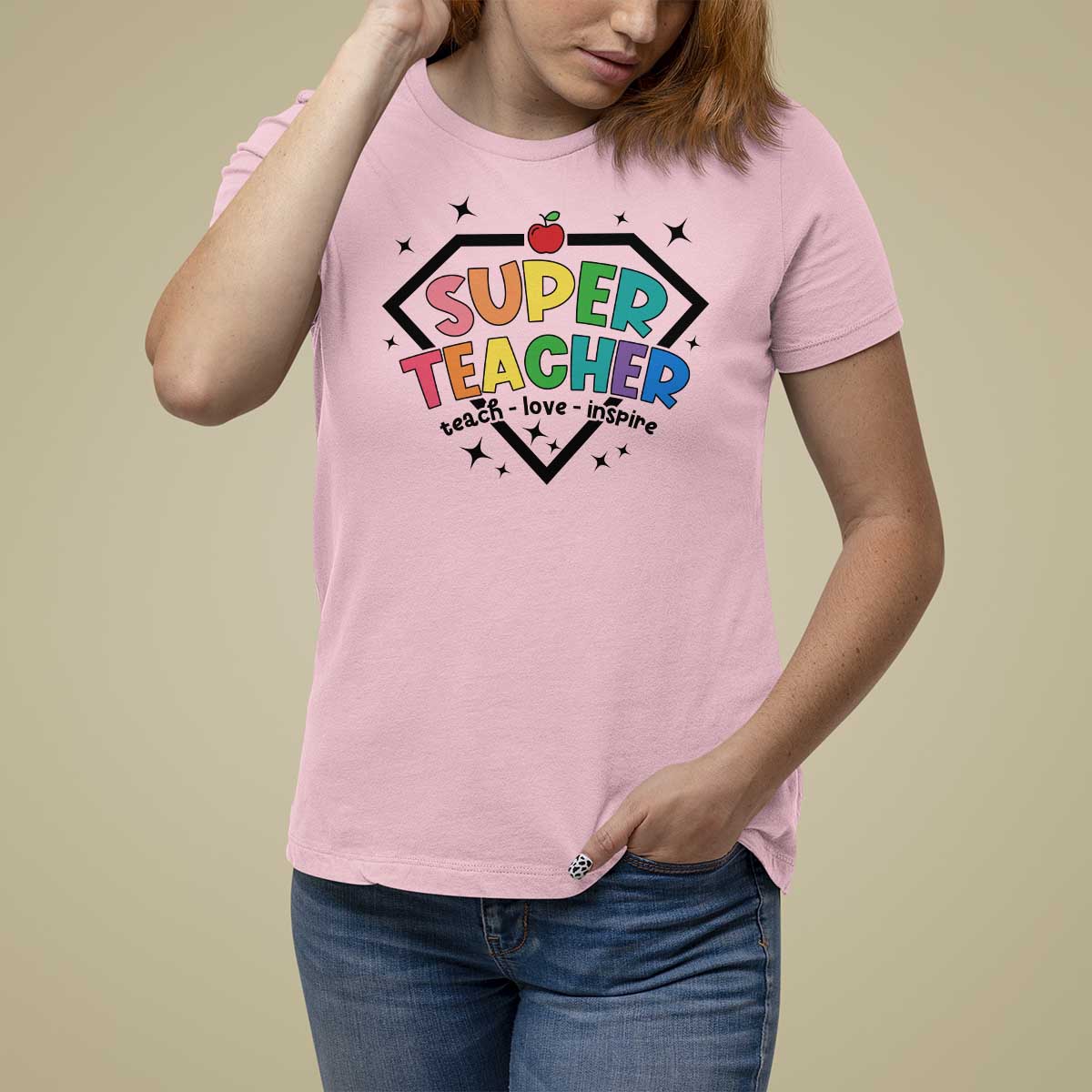 Funny Teacher Back To School T Shirt For Women Super Teacher Teach Love Inspire Apple - Wonder Print Shop