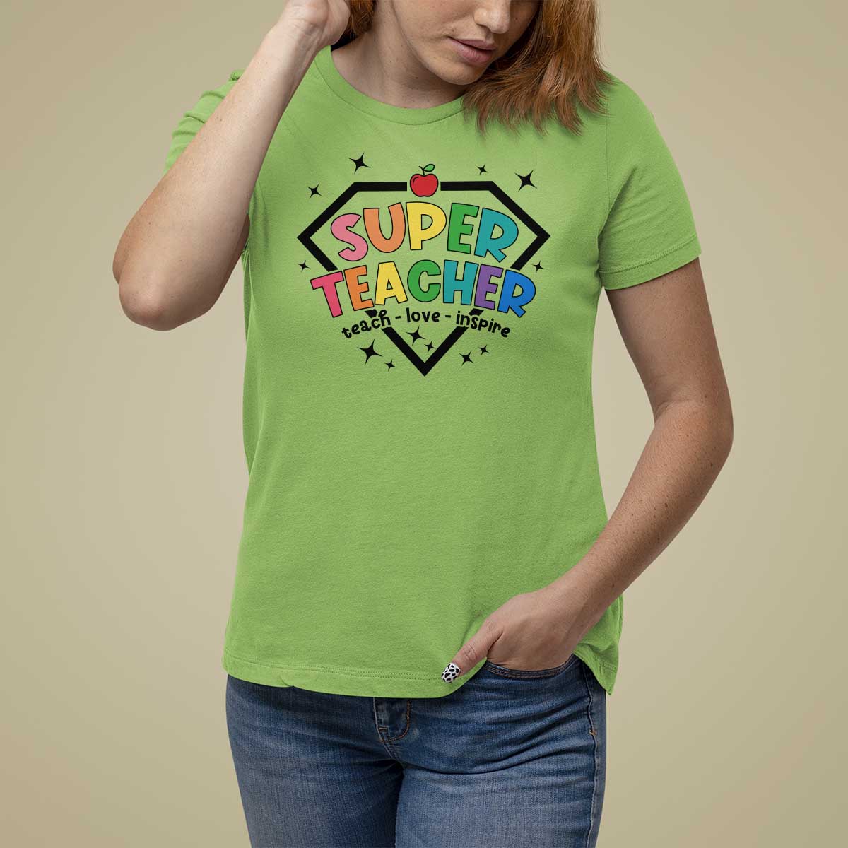 Funny Teacher Back To School T Shirt For Women Super Teacher Teach Love Inspire Apple - Wonder Print Shop