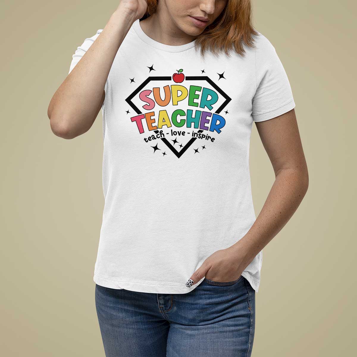 Funny Teacher Back To School T Shirt For Women Super Teacher Teach Love Inspire Apple - Wonder Print Shop