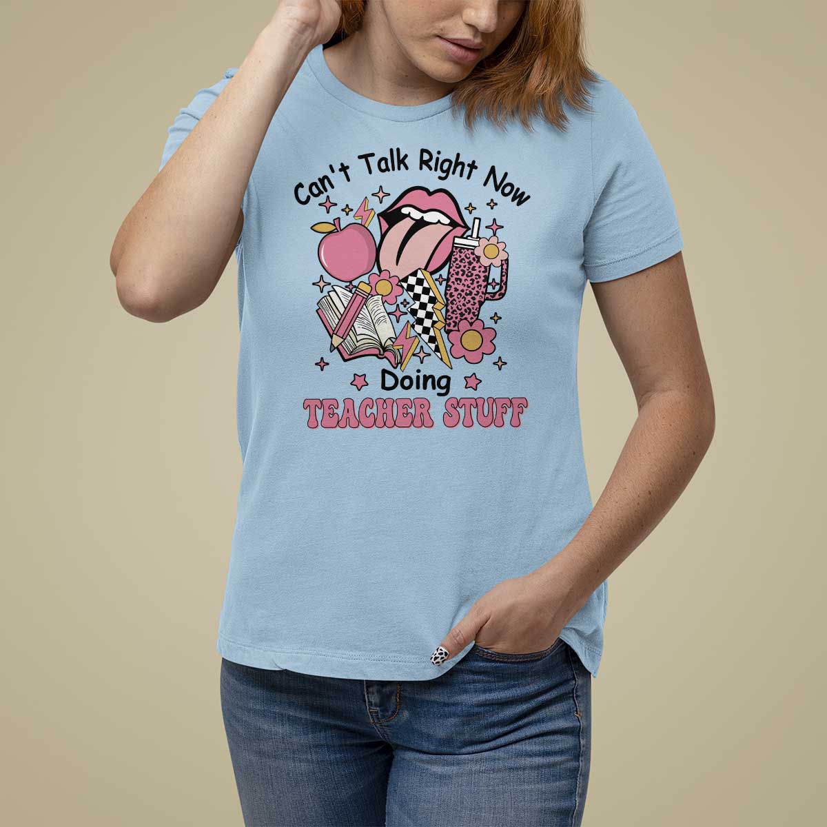 Funny Teachers T Shirt For Women Can't Talk Right Now Doing Teacher Stuff Apple Pencil Book Flower - Wonder Print Shop