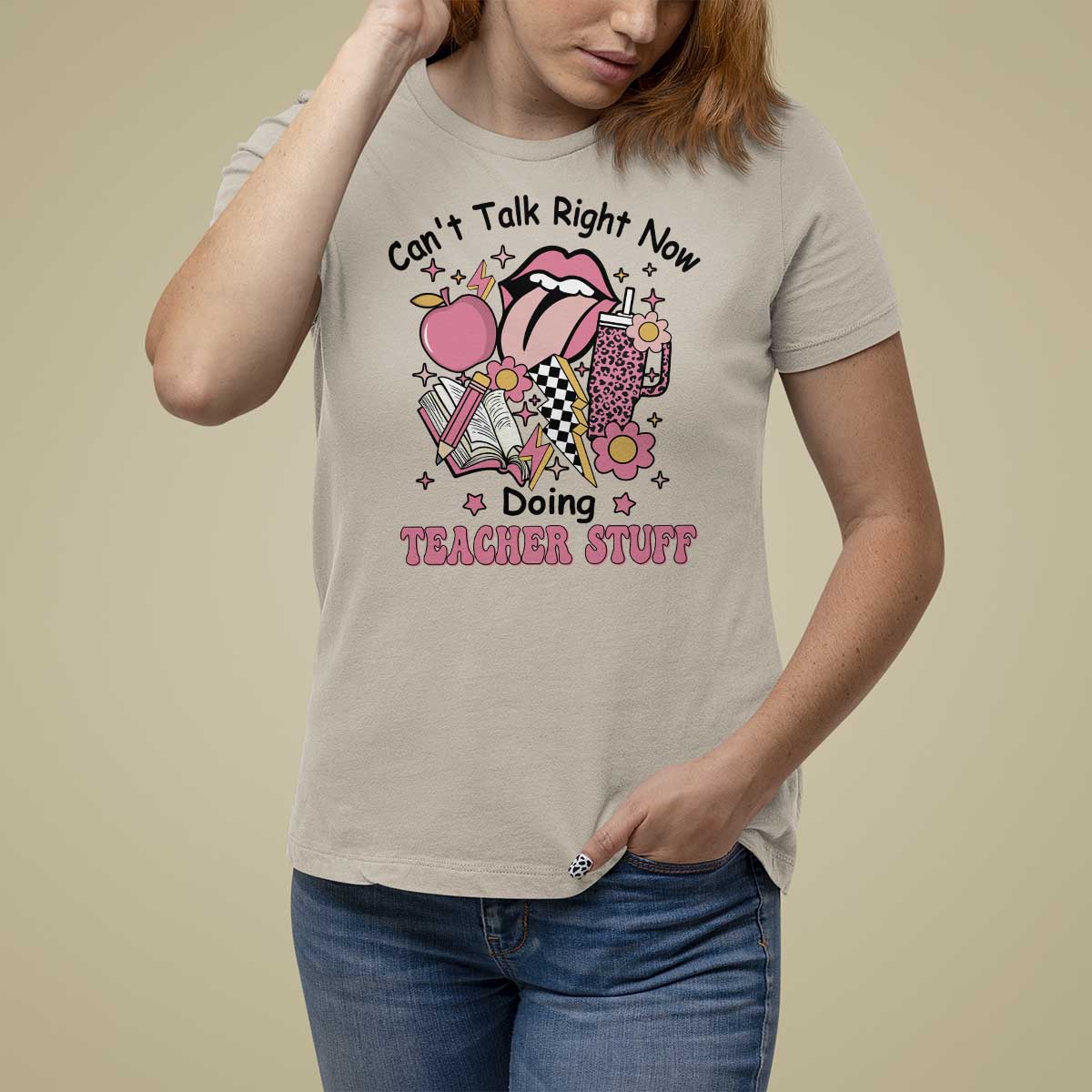 Funny Teachers T Shirt For Women Can't Talk Right Now Doing Teacher Stuff Apple Pencil Book Flower - Wonder Print Shop