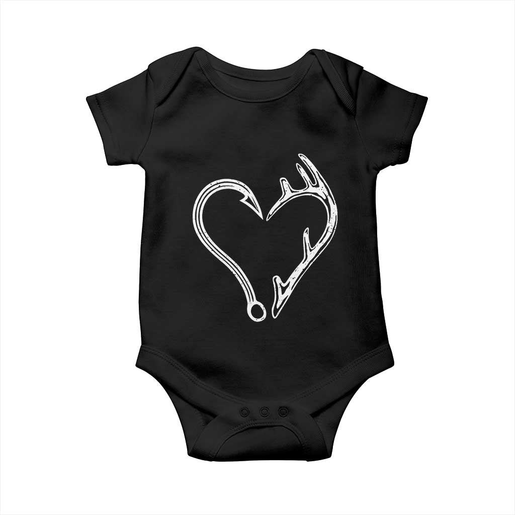 Fishing And Hunting Vintage Hook Antler Heart Baby Onesie - Wonder Print Shop
