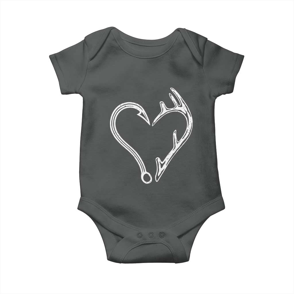 Fishing And Hunting Vintage Hook Antler Heart Baby Onesie - Wonder Print Shop