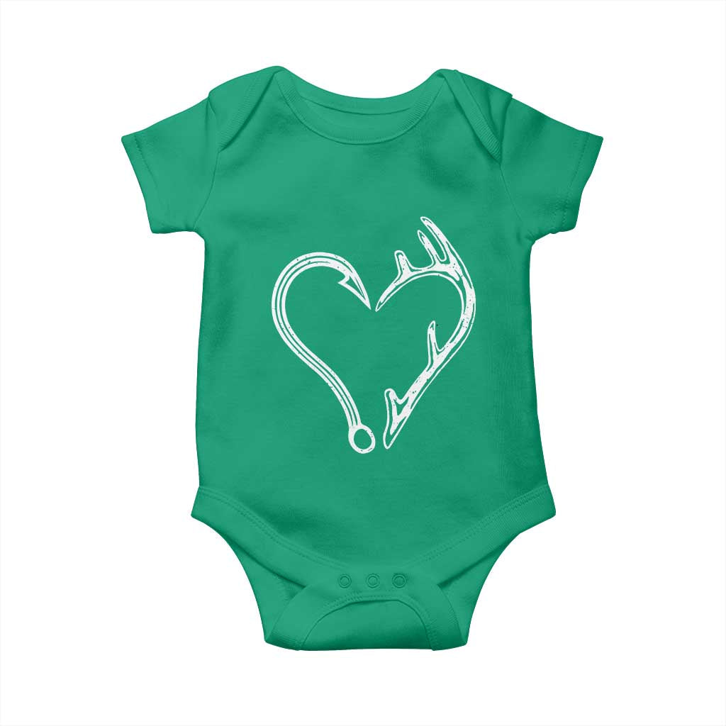 Fishing And Hunting Vintage Hook Antler Heart Baby Onesie - Wonder Print Shop