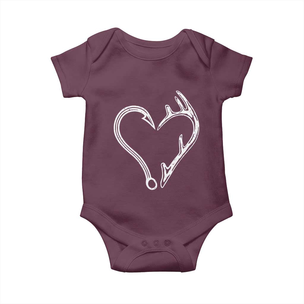 Fishing And Hunting Vintage Hook Antler Heart Baby Onesie - Wonder Print Shop
