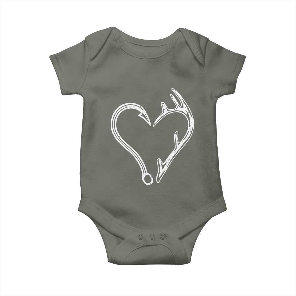 Fishing And Hunting Vintage Hook Antler Heart Baby Onesie - Wonder Print Shop