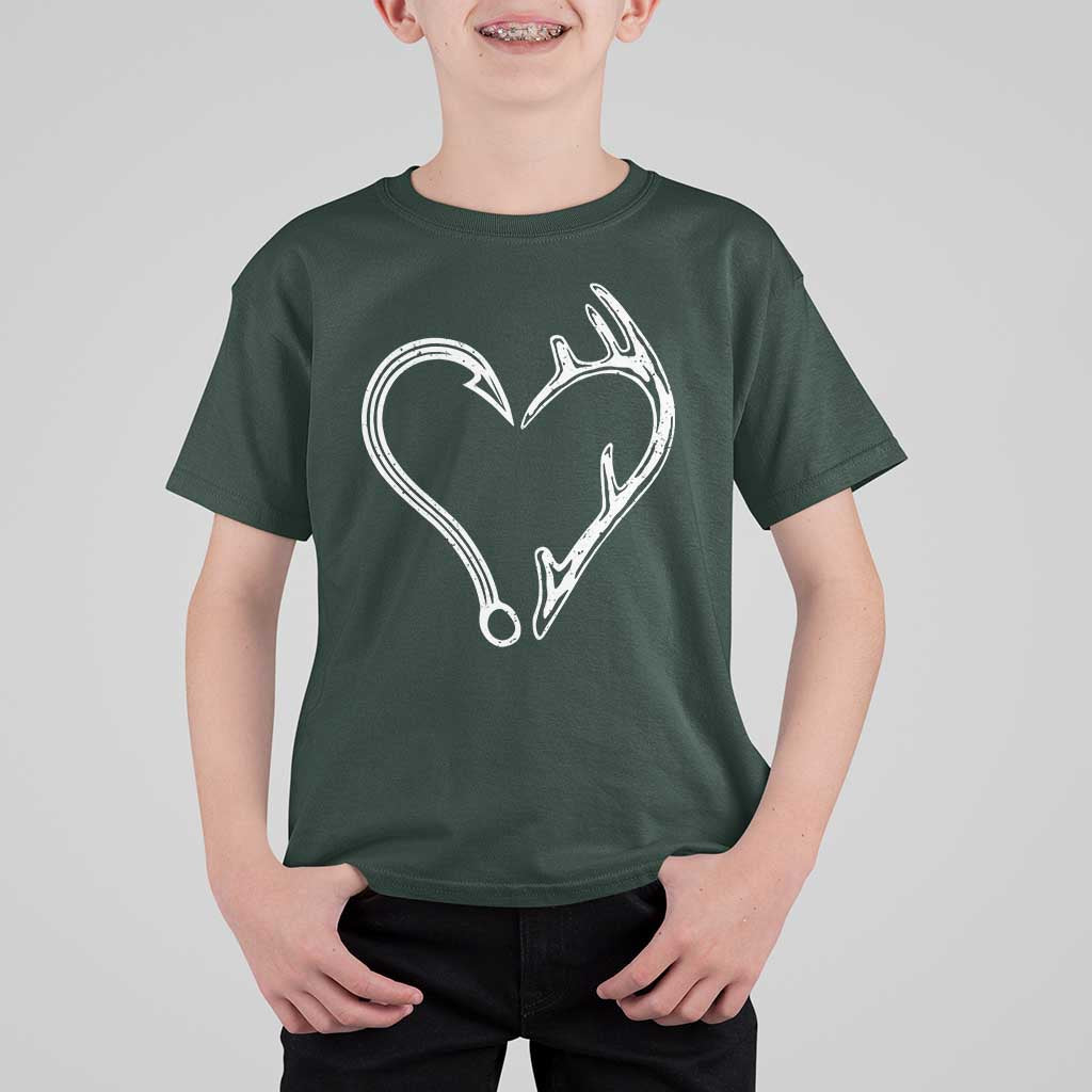 Fishing And Hunting Vintage Hook Antler Heart T Shirt For Kid - Wonder Print Shop