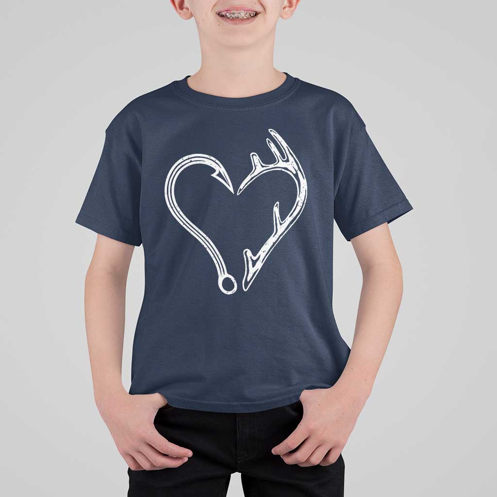 Fishing And Hunting Vintage Hook Antler Heart T Shirt For Kid - Wonder Print Shop