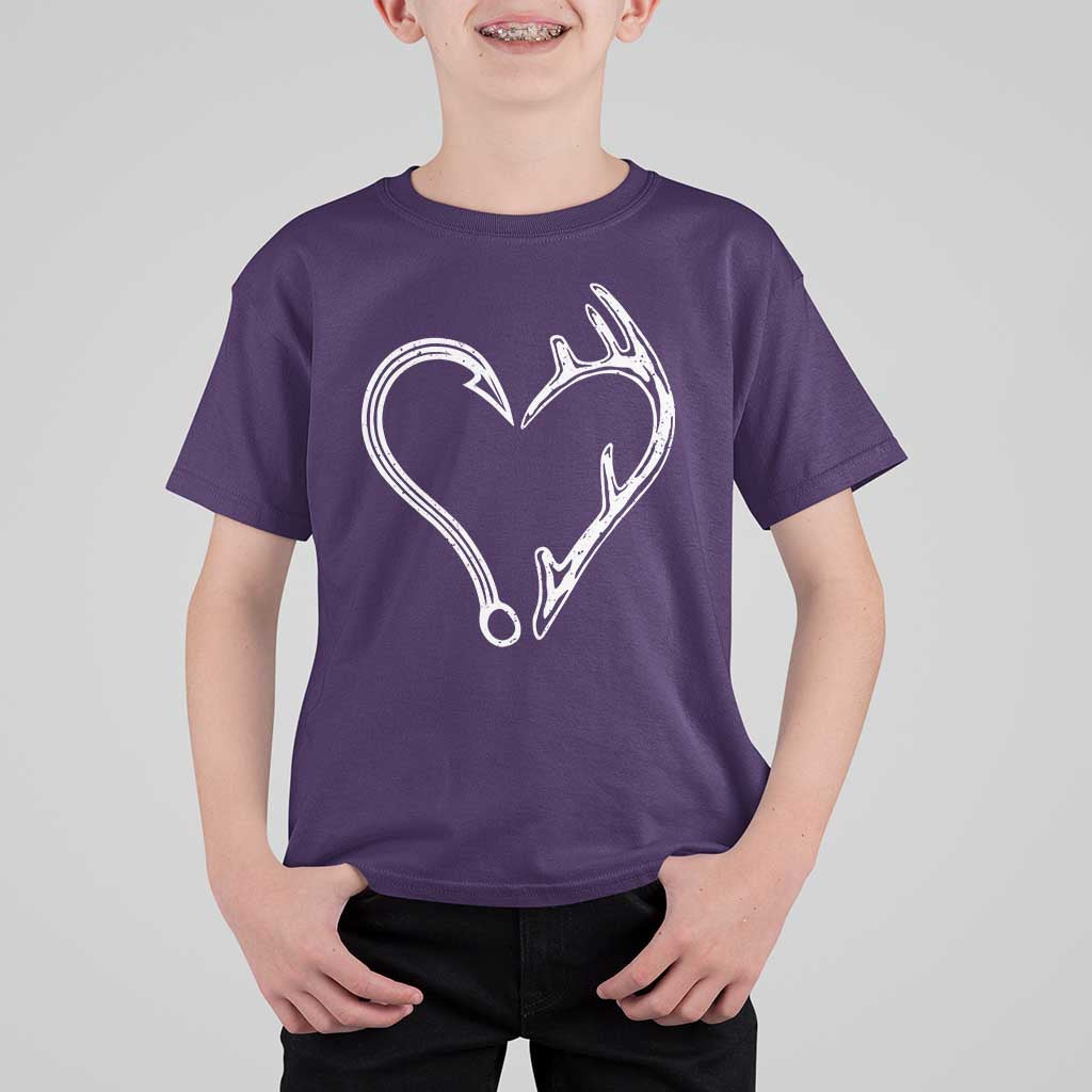 Fishing And Hunting Vintage Hook Antler Heart T Shirt For Kid - Wonder Print Shop