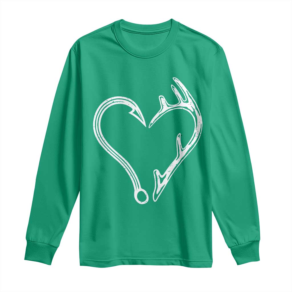 Fishing And Hunting Vintage Hook Antler Heart Long Sleeve Shirt - Wonder Print Shop