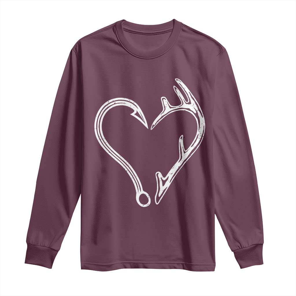 Fishing And Hunting Vintage Hook Antler Heart Long Sleeve Shirt - Wonder Print Shop