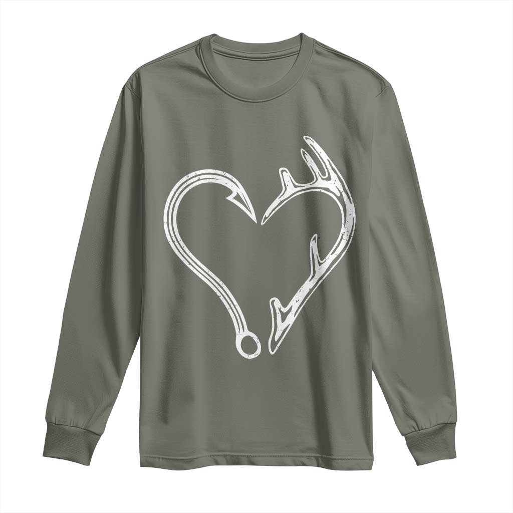 Fishing And Hunting Vintage Hook Antler Heart Long Sleeve Shirt - Wonder Print Shop