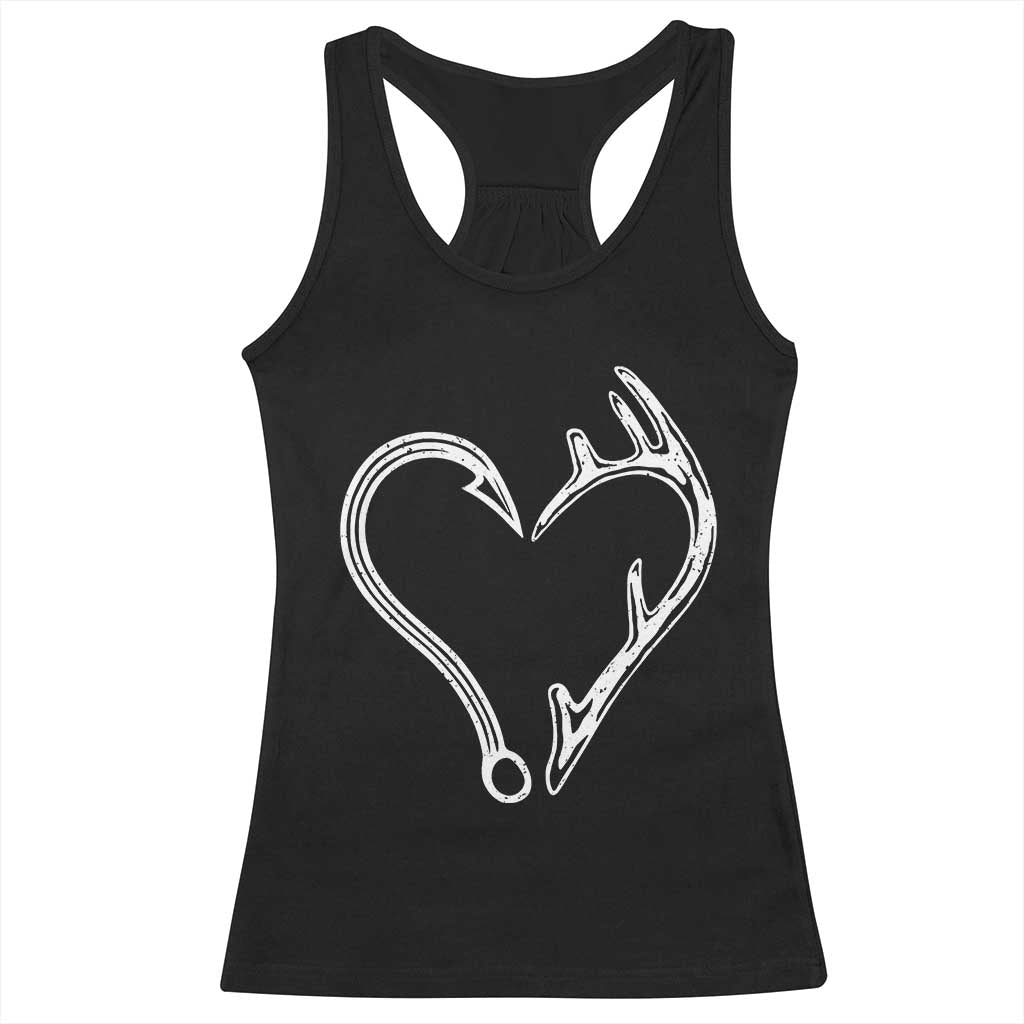 Fishing And Hunting Vintage Hook Antler Heart Racerback Tank Top - Wonder Print Shop