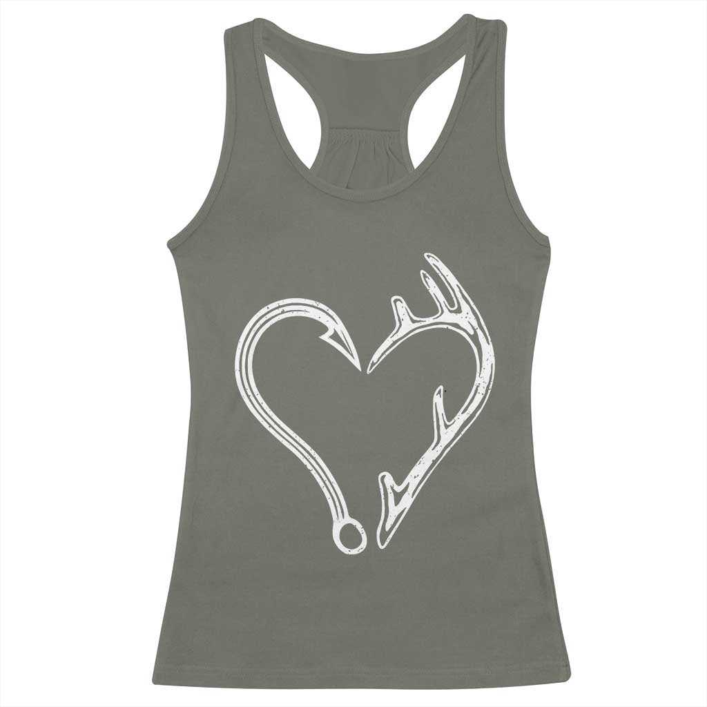 Fishing And Hunting Vintage Hook Antler Heart Racerback Tank Top - Wonder Print Shop