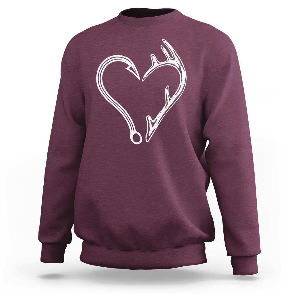 Fishing And Hunting Vintage Hook Antler Heart Sweatshirt - Wonder Print Shop