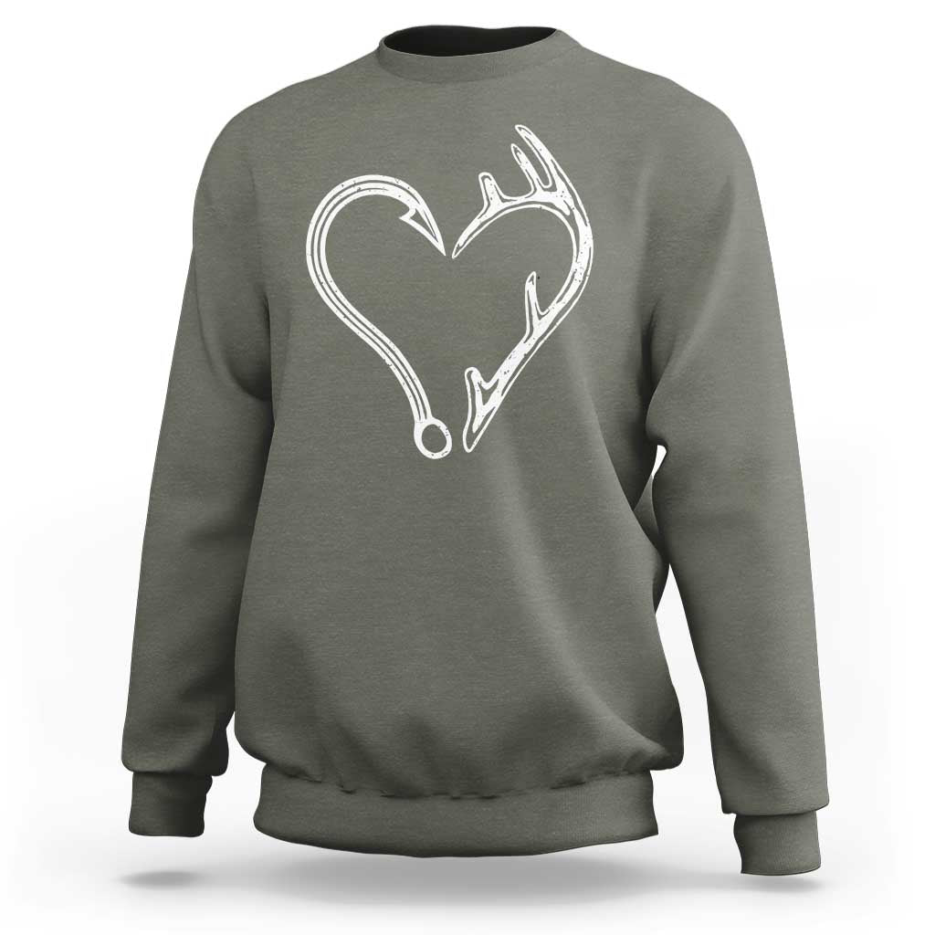 Fishing And Hunting Vintage Hook Antler Heart Sweatshirt - Wonder Print Shop