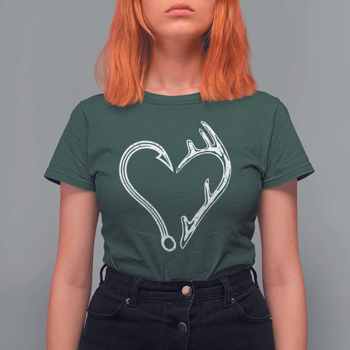 Fishing And Hunting Vintage Hook Antler Heart T Shirt For Women - Wonder Print Shop