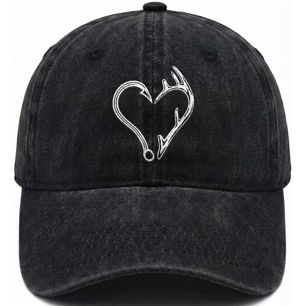 Fishing And Hunting Vintage Hook Antler Heart Washed Cotton Baseball Cap
