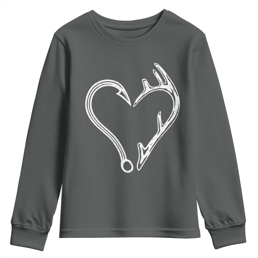 Fishing And Hunting Vintage Hook Antler Heart Youth Sweatshirt - Wonder Print Shop