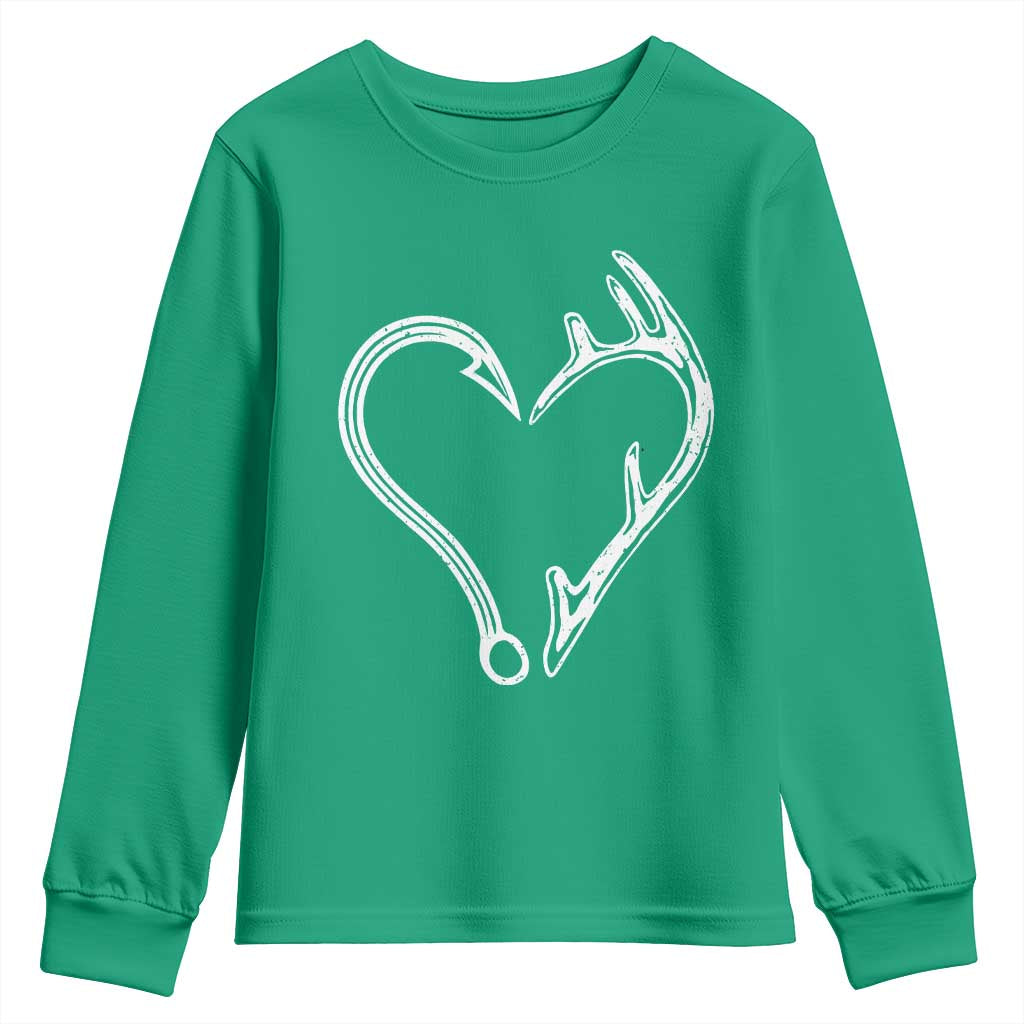 Fishing And Hunting Vintage Hook Antler Heart Youth Sweatshirt - Wonder Print Shop