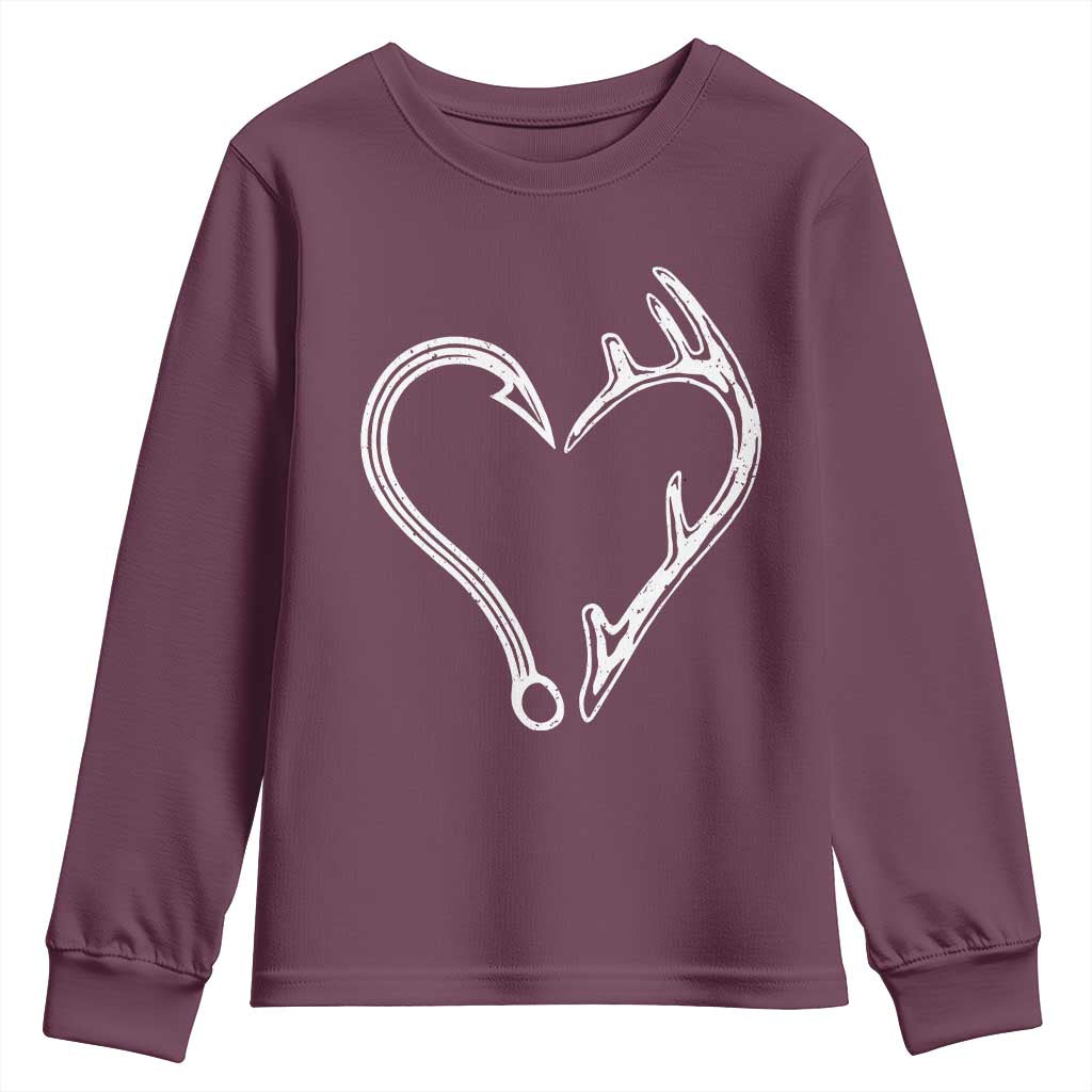 Fishing And Hunting Vintage Hook Antler Heart Youth Sweatshirt - Wonder Print Shop