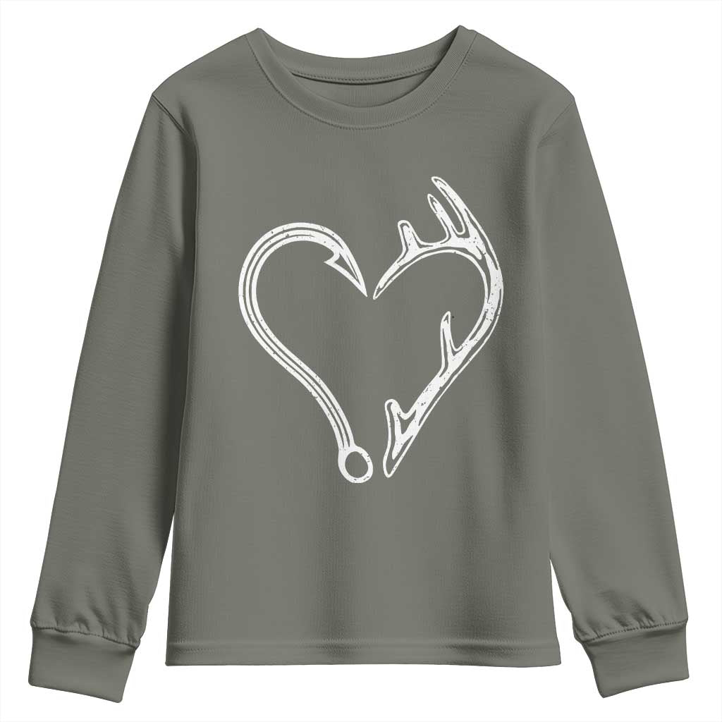 Fishing And Hunting Vintage Hook Antler Heart Youth Sweatshirt - Wonder Print Shop