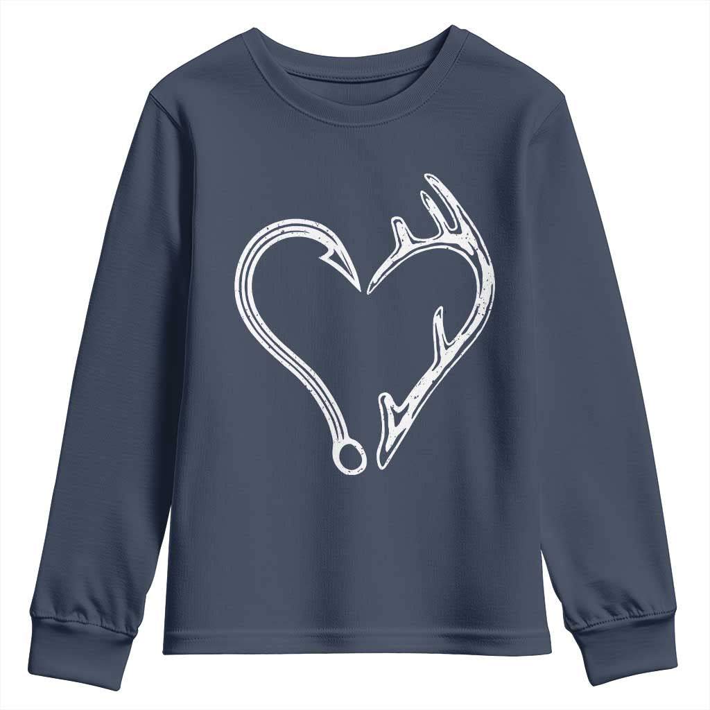 Fishing And Hunting Vintage Hook Antler Heart Youth Sweatshirt - Wonder Print Shop