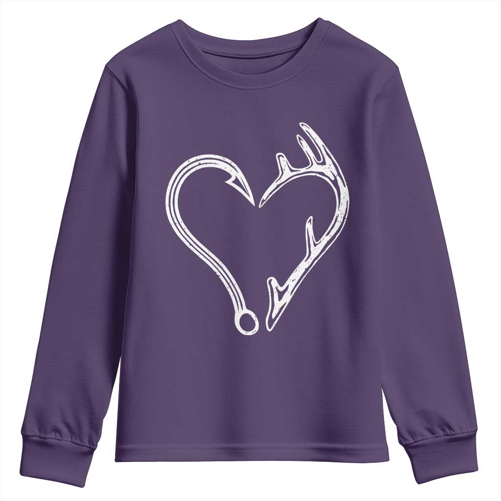 Fishing And Hunting Vintage Hook Antler Heart Youth Sweatshirt - Wonder Print Shop