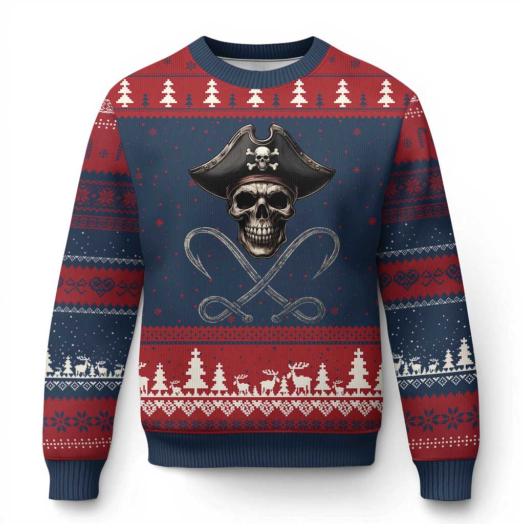 Funny Pirate Fishing Lover Ugly Christmas Sweater Vintage Pirate Skull Hooks Fishing - Wonder Print Shop