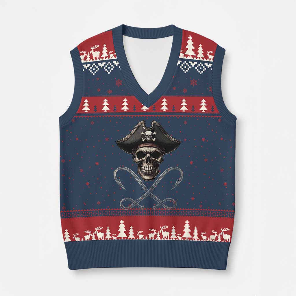 Funny Pirate Fishing Lover V-Neck Knit Sweater Vest Vintage Pirate Skull Hooks Fishing - Wonder Print Shop