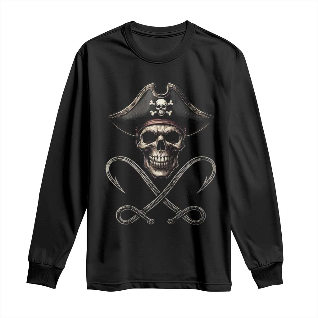 Funny Pirate Fishing Lover Long Sleeve Shirt Vintage Pirate Skull Hooks Fishing - Wonder Print Shop