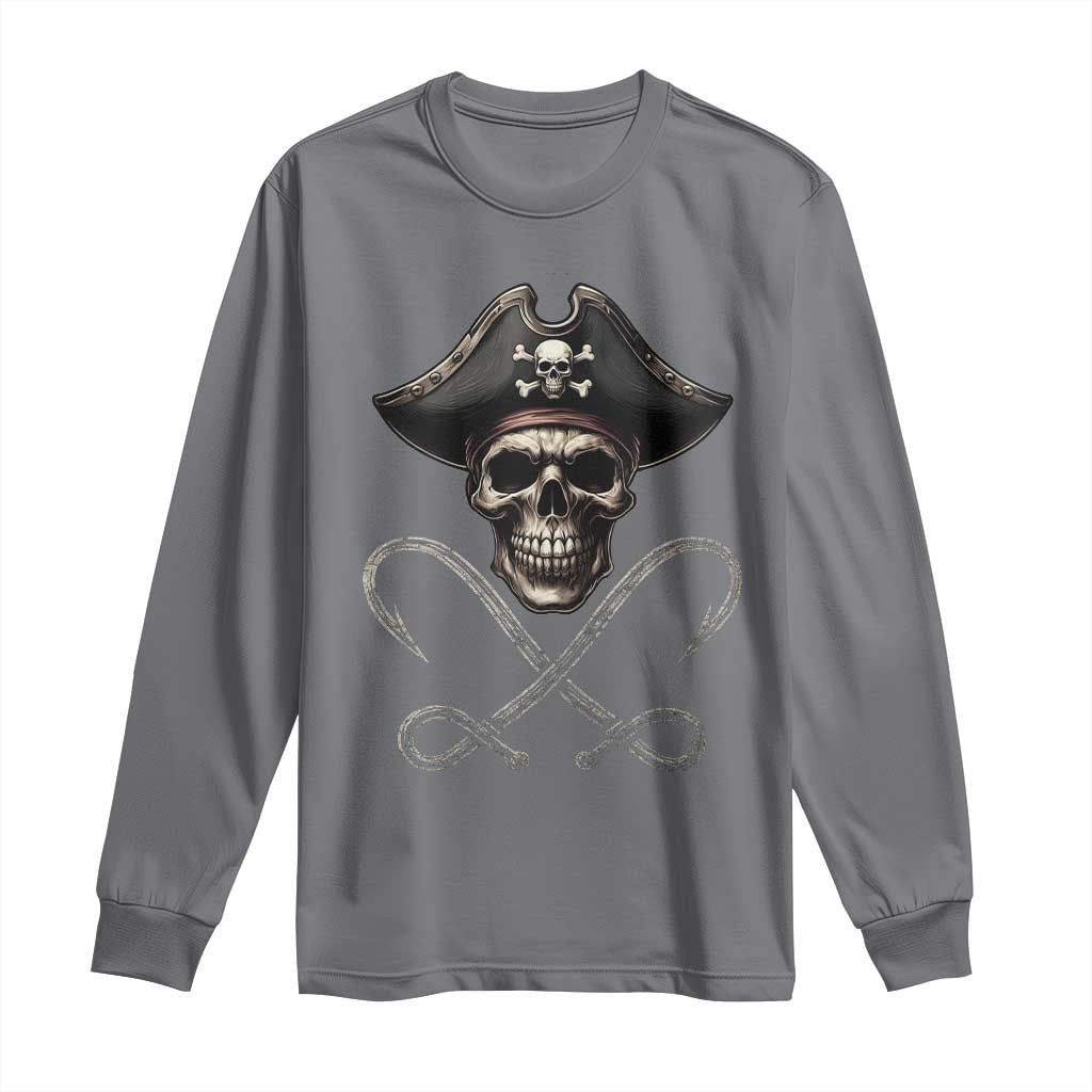 Funny Pirate Fishing Lover Long Sleeve Shirt Vintage Pirate Skull Hooks Fishing - Wonder Print Shop
