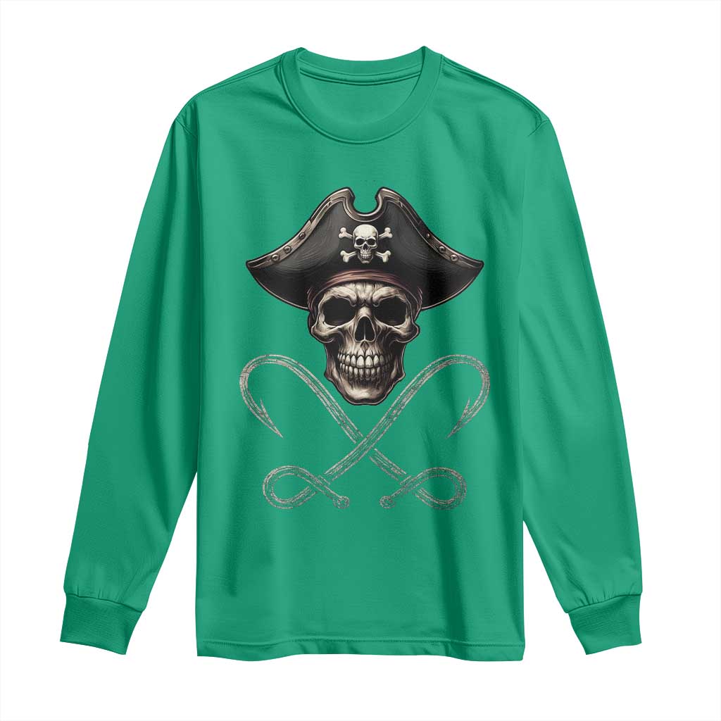 Funny Pirate Fishing Lover Long Sleeve Shirt Vintage Pirate Skull Hooks Fishing - Wonder Print Shop