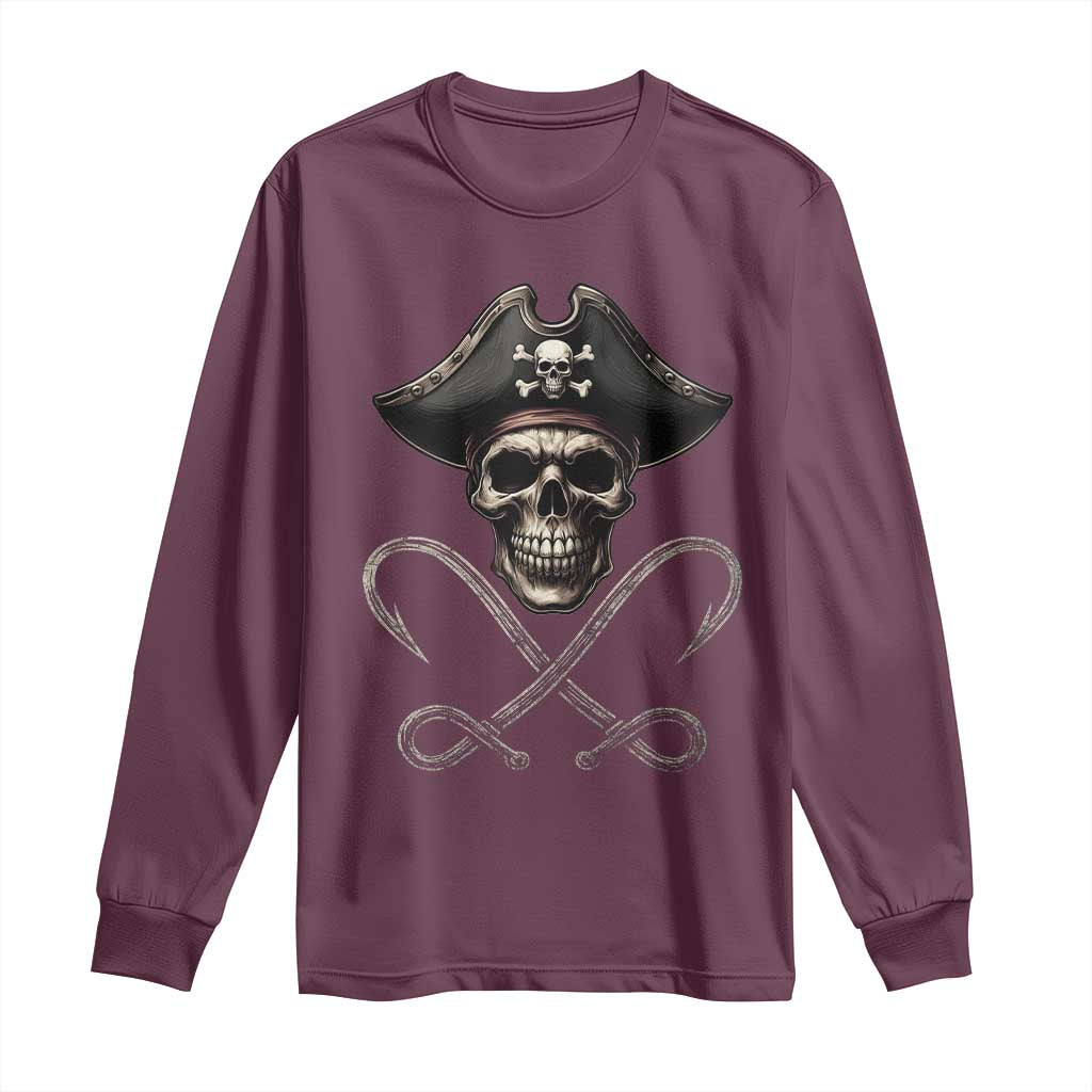 Funny Pirate Fishing Lover Long Sleeve Shirt Vintage Pirate Skull Hooks Fishing - Wonder Print Shop