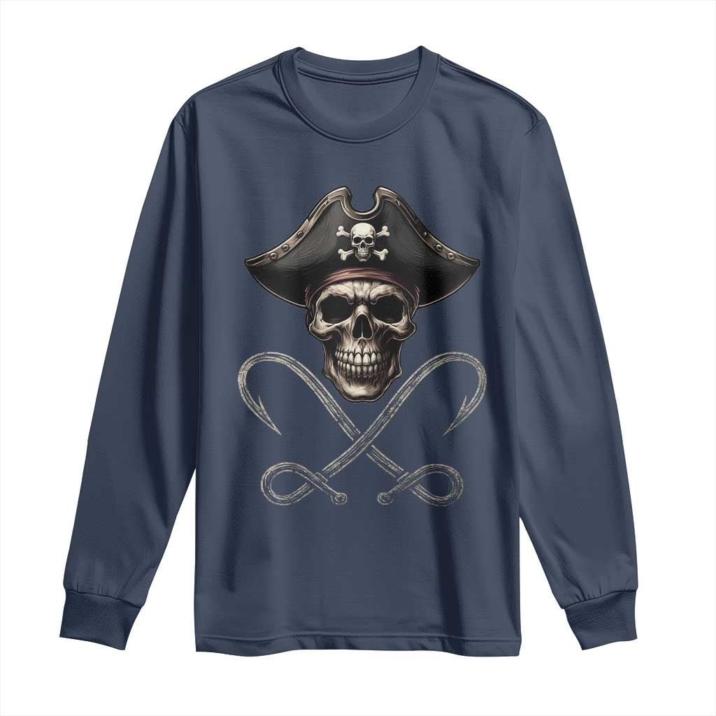 Funny Pirate Fishing Lover Long Sleeve Shirt Vintage Pirate Skull Hooks Fishing - Wonder Print Shop